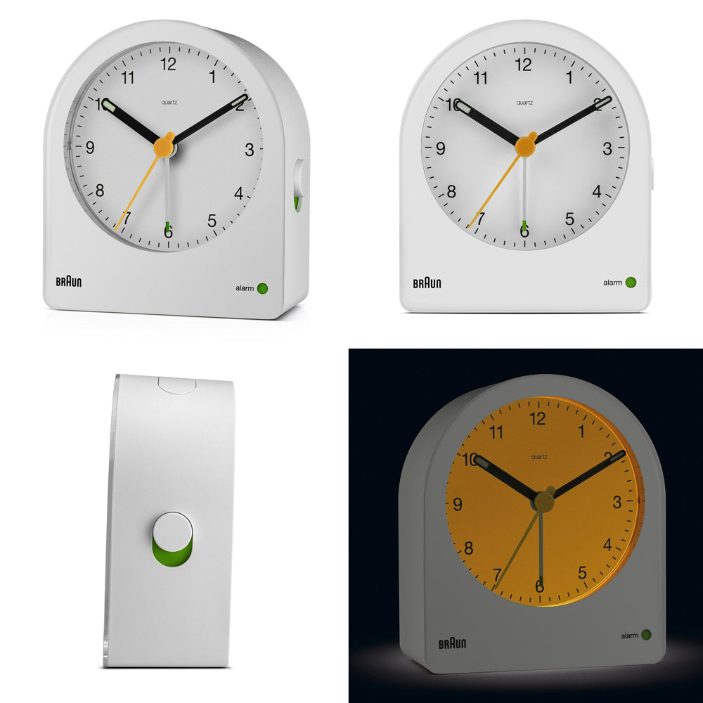 Different views of alarm clock and image of lighted clock.