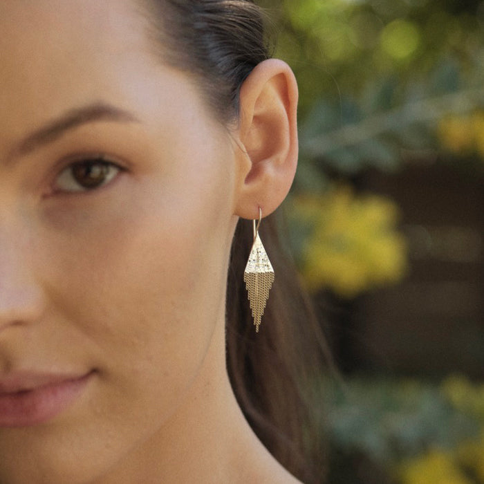 model wearing earrings.
