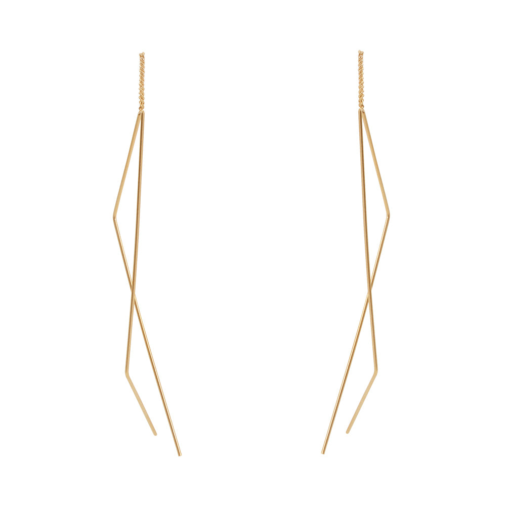 Back view of the chain and slender gold bar earrings