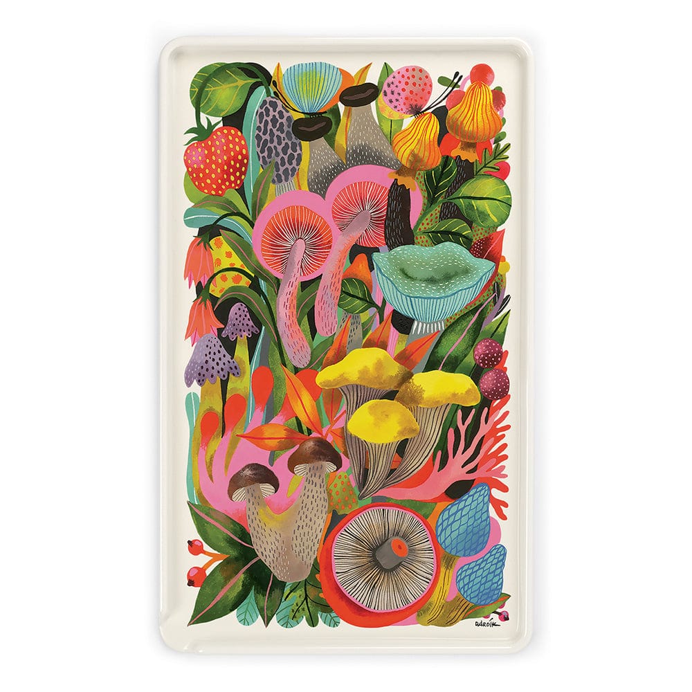Super Useful Tray by Helen Dardik, maximalist melanine tray covered in mushroom illustrations.