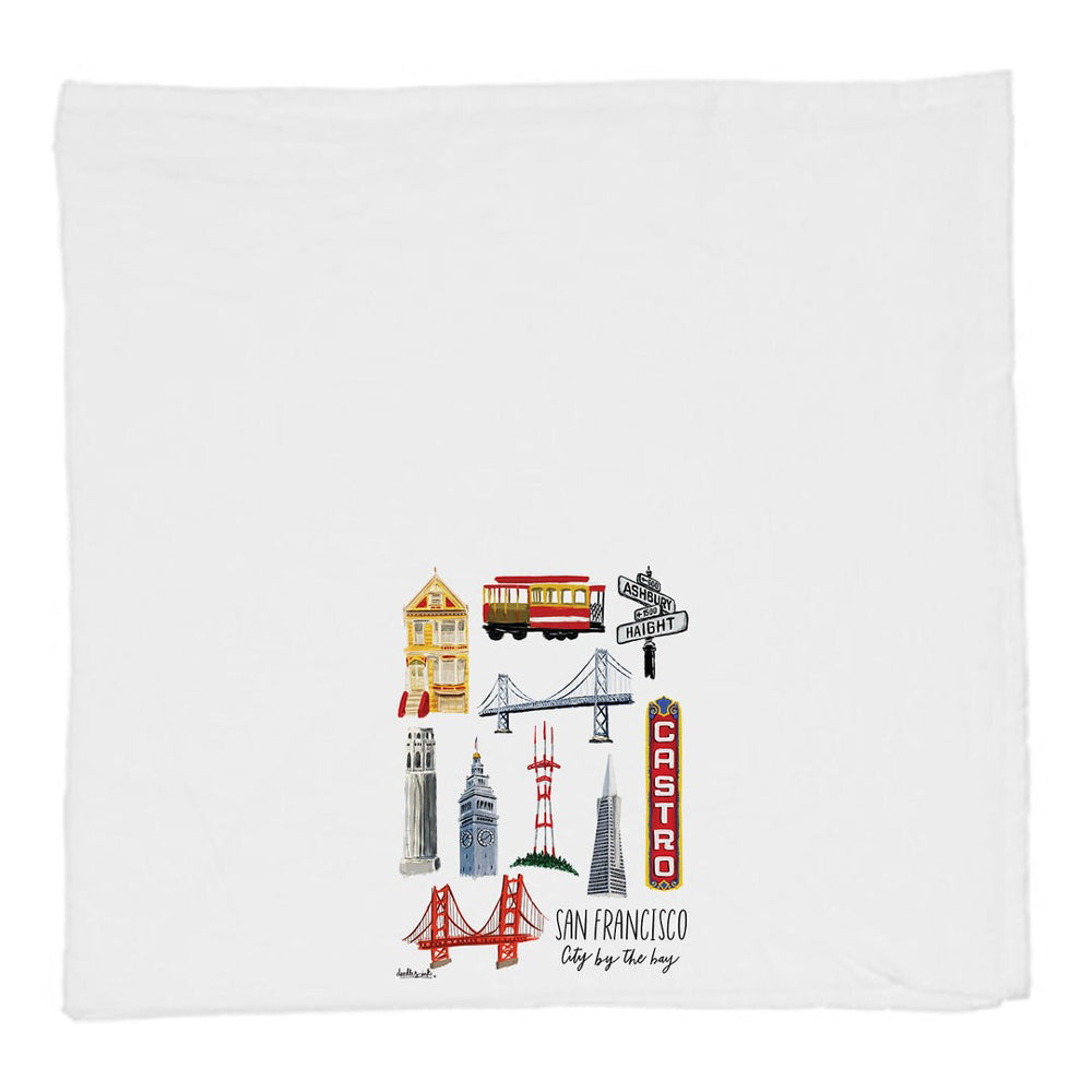 Back view of tea towel with illustrations.