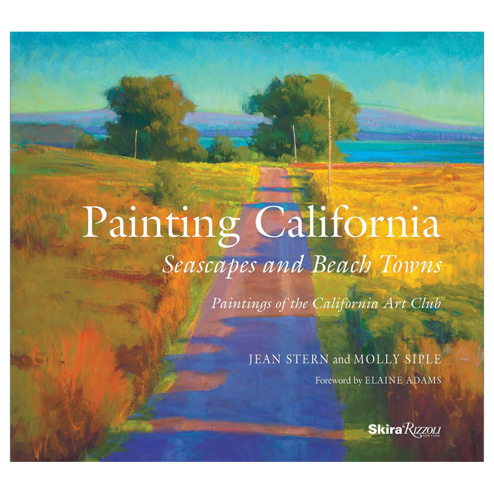 Cover of 'Painting California', oil painting of a road with golden grass on either side, leading out to the ocean.