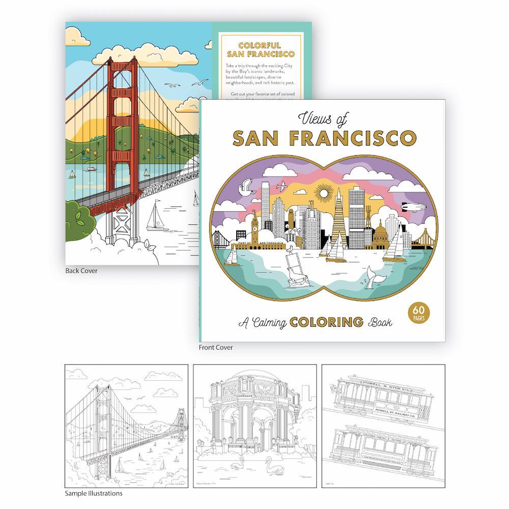 The Views of San Francisco Calming Coloring Book&#39;s covers displayed over sample illustrations from inside.