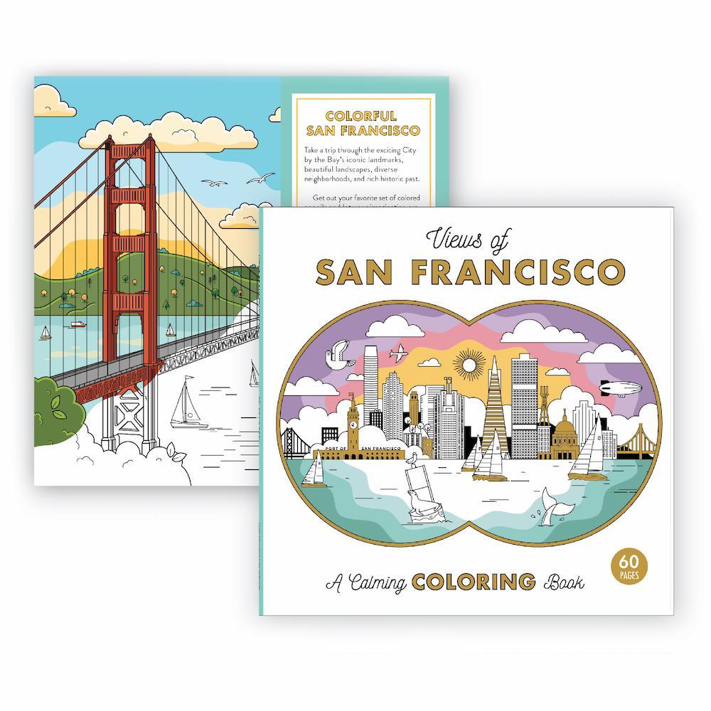 Views of San Francisco Calming Coloring Book&#39;s front and back covers.