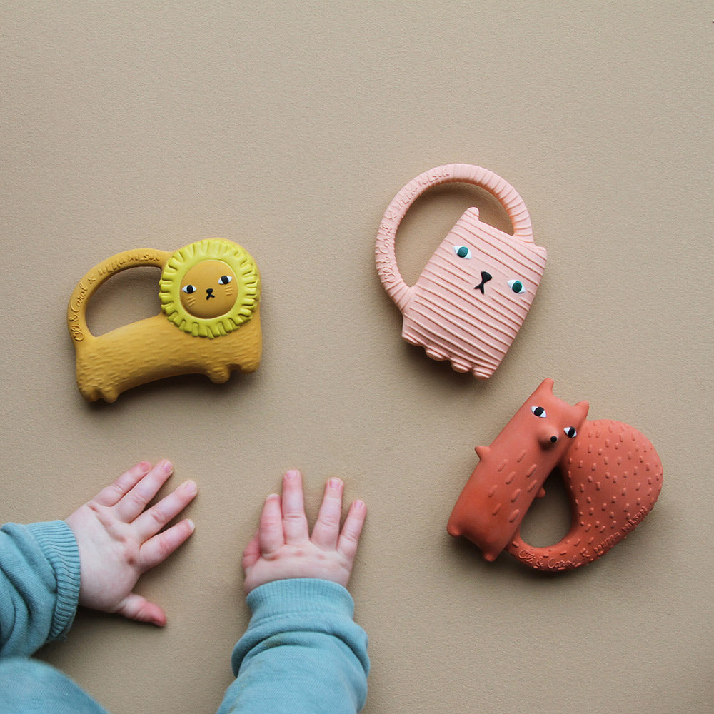 Babies hands next to richie lion bath toy + teether and other toys.