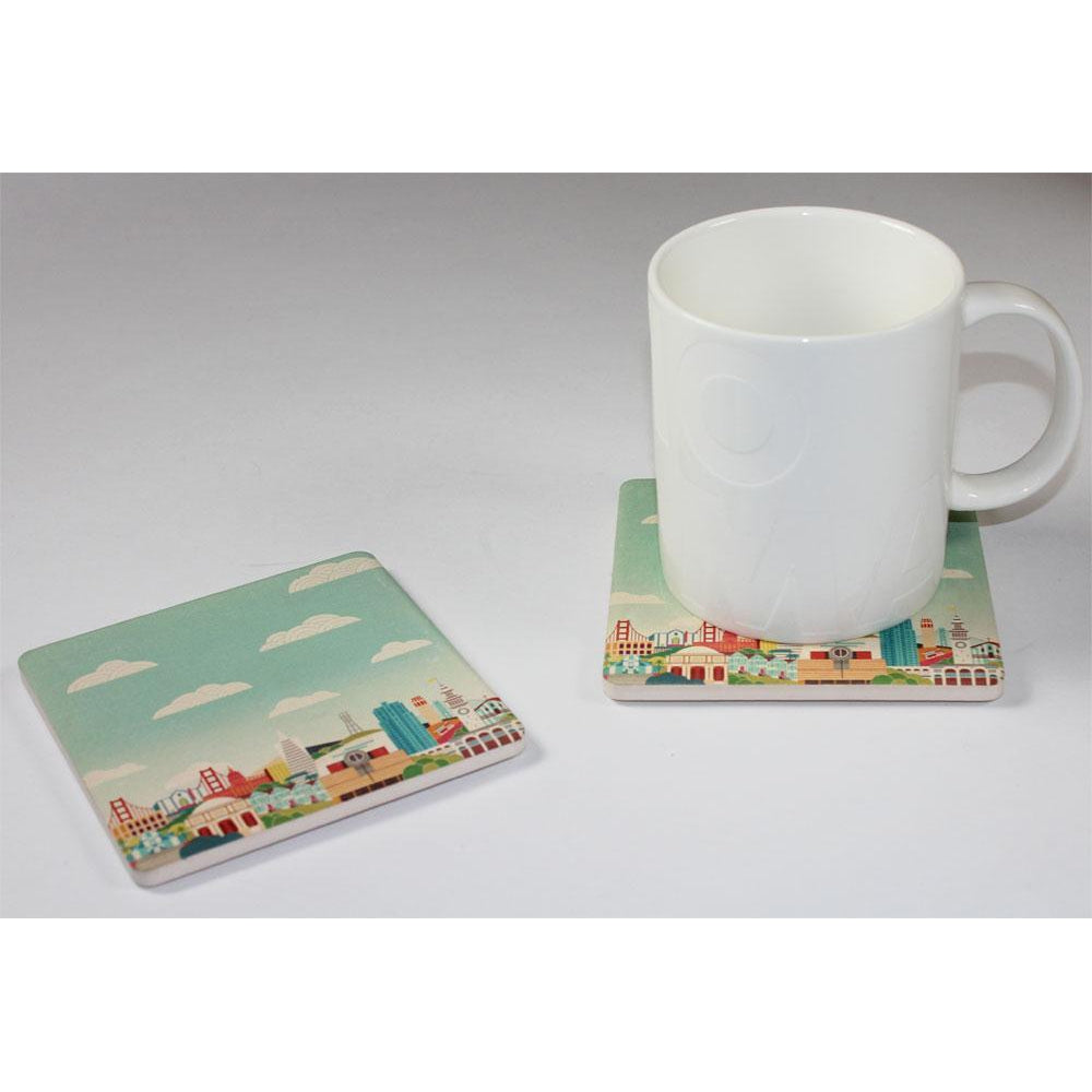 Two SFMOMA x Andrew Holder Cityscape Coasters in use.