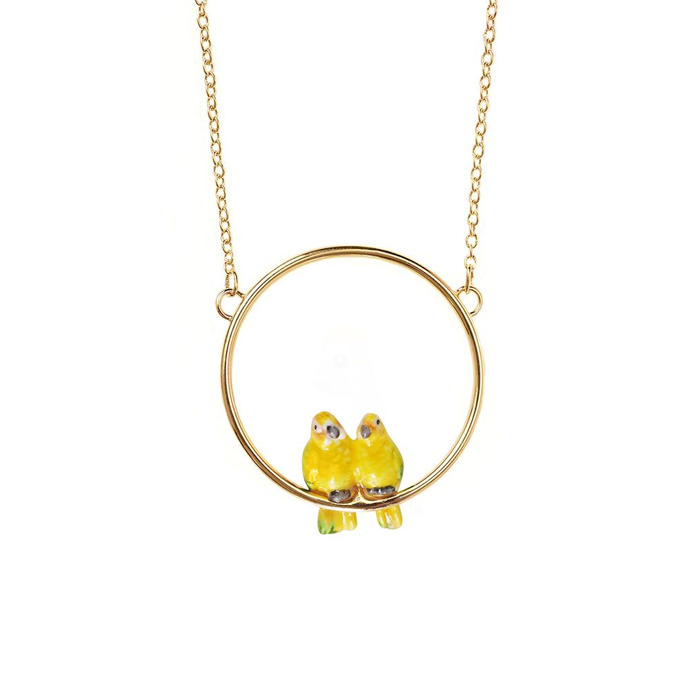 The Nach: Yellow Parrots Necklace&#39;s pendant close up.