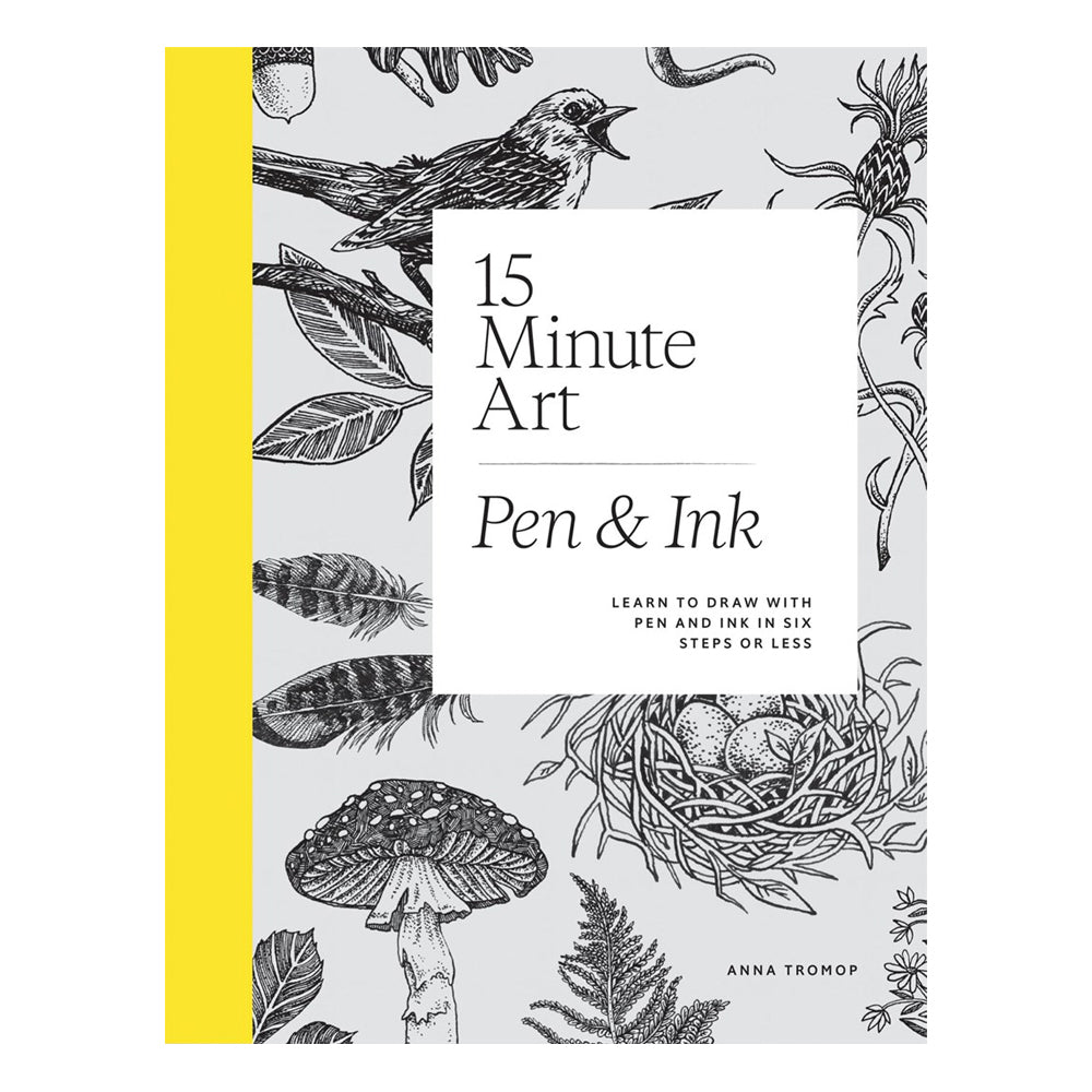 Book cover of '15 Minute Art: Pen & Ink' with black line art illustrations on a white background.