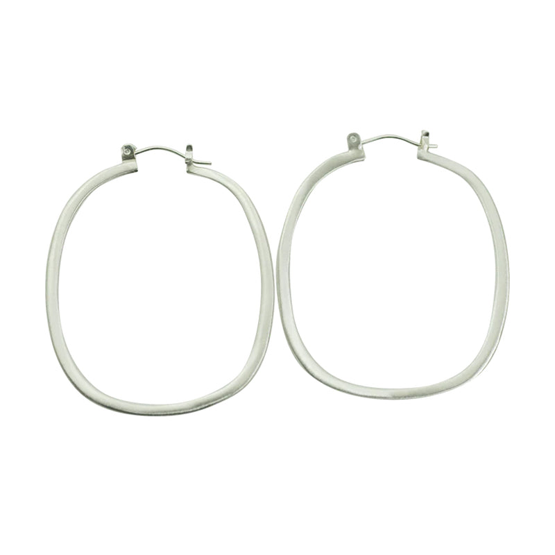 Large silver square hoops on display.