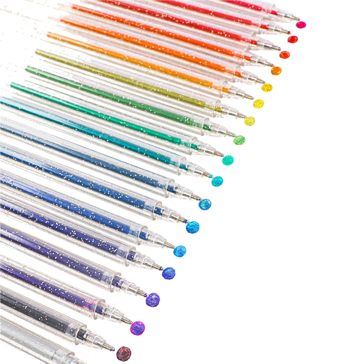 Set of colorful gel pens with glittery accents on a white background