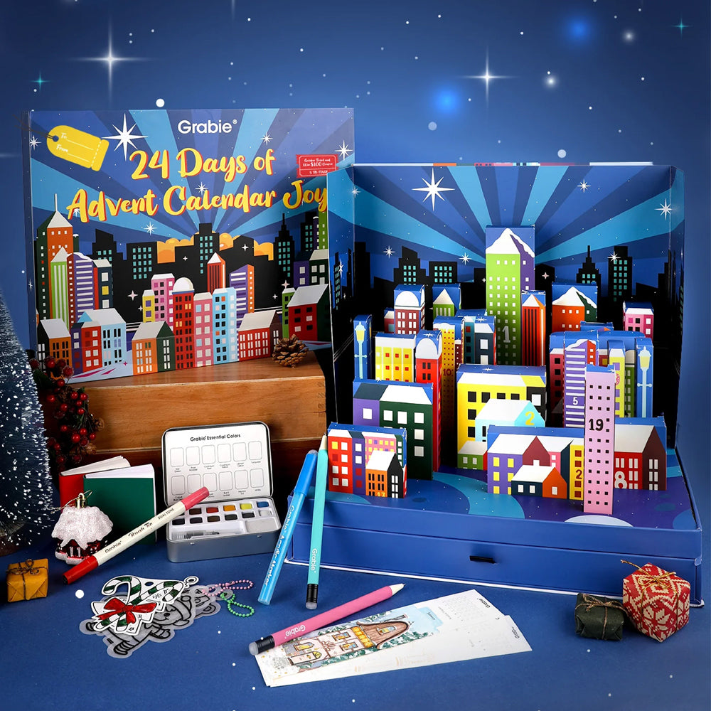 Advent calendar with cityscape design and '24 Days of Advent Calendar Joy' text.