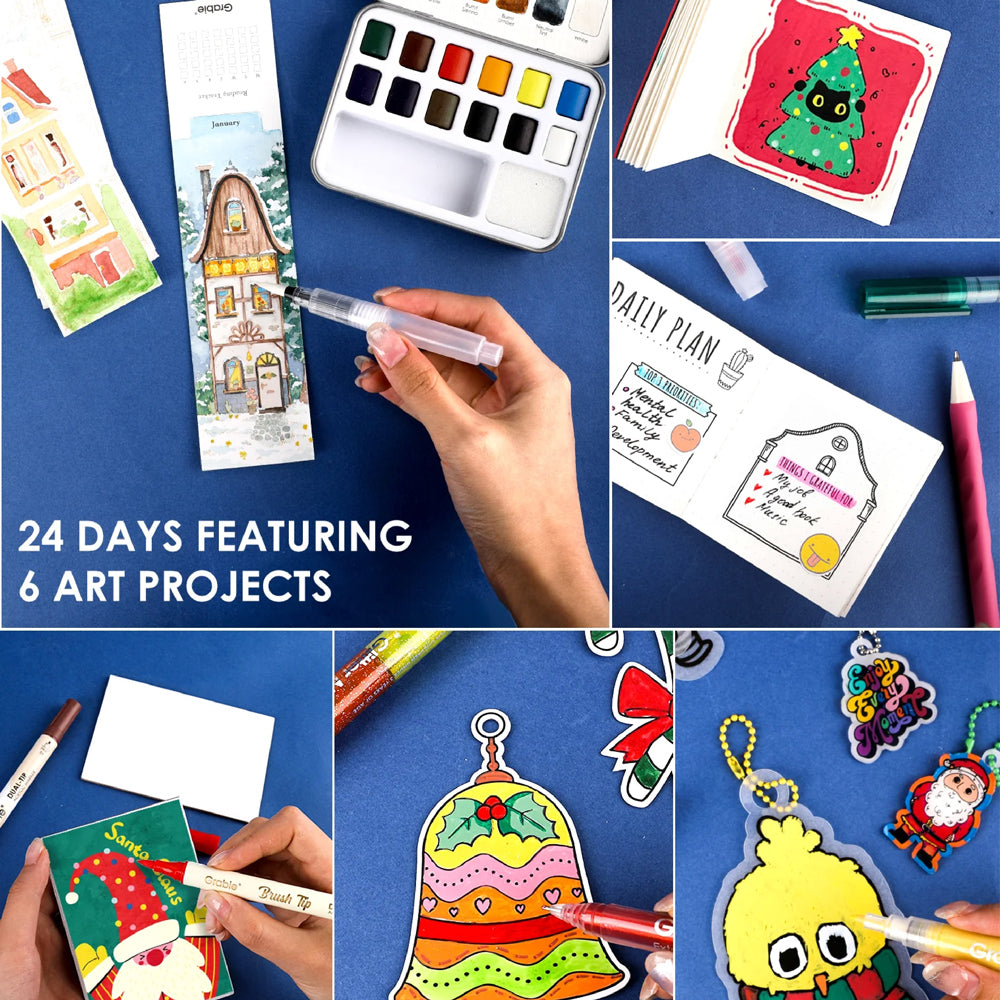 Collage of art projects and supplies with text '24 Days Featuring 6 Art Projects' on a blue background.