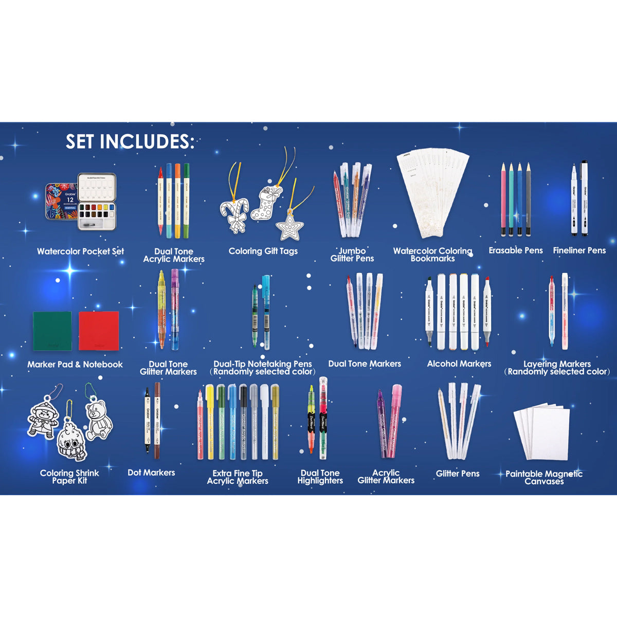 Illustration of various art supplies including markers, pens, and other stationery items on a blue background.