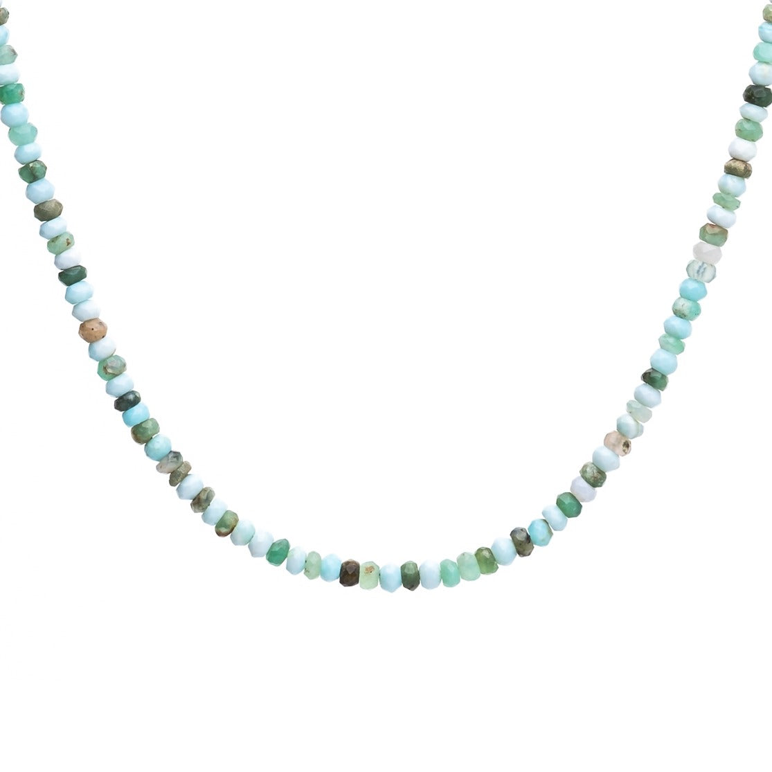 Necklace with small aqua and opal beads on a white background.