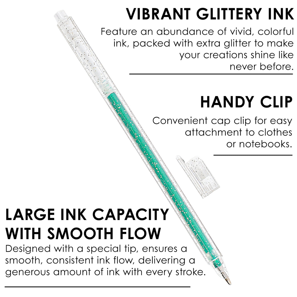 Pen with glittery ink and handy clip on a white background