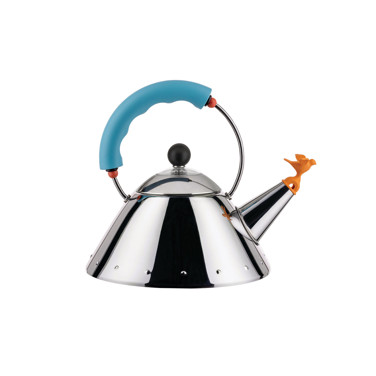 Stainless steel kettle with a blue handle and bird-shaped spout on a white background