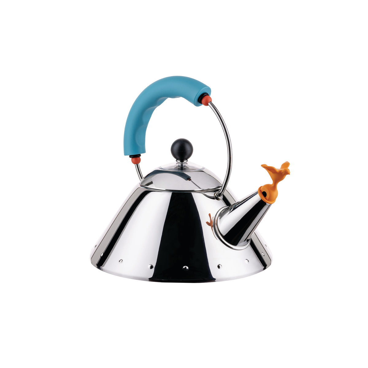 Stainless steel kettle with a blue handle and orange bird-shaped spout on a white background