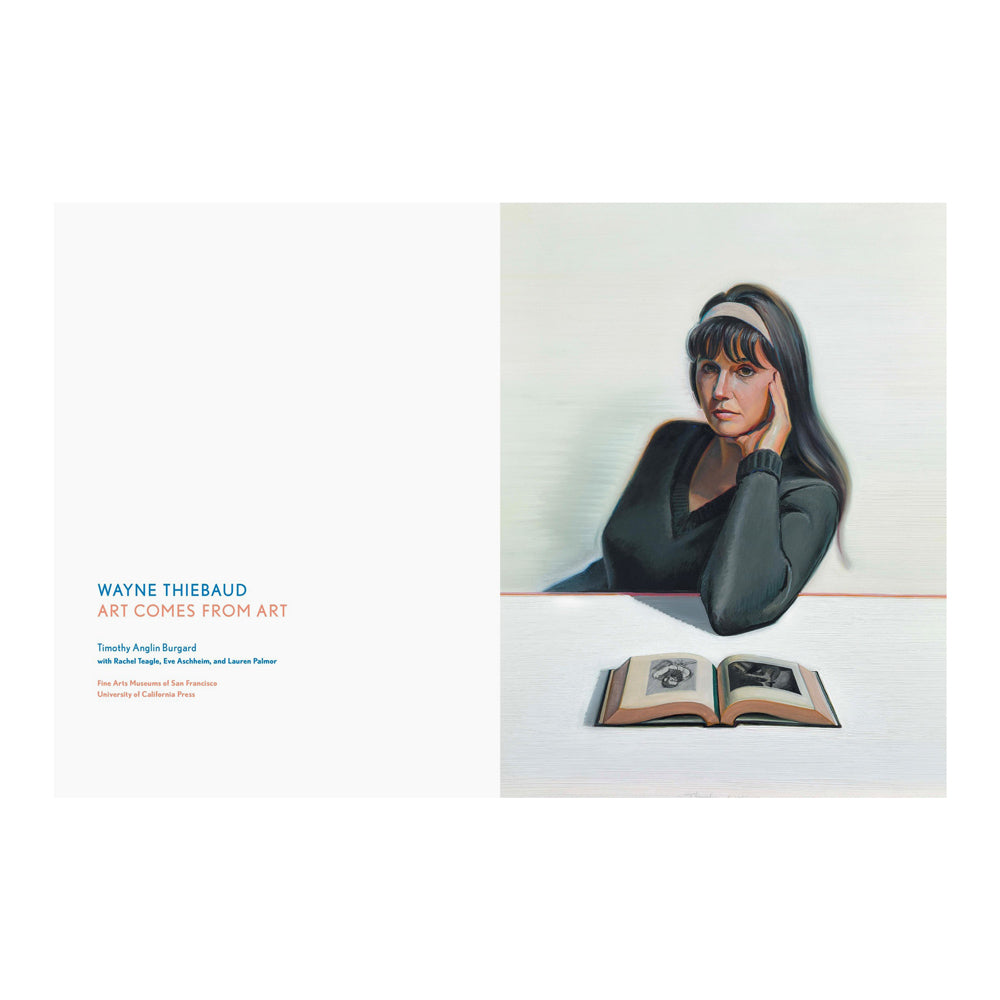 Interior pages featuring text and a painting of a woman. 