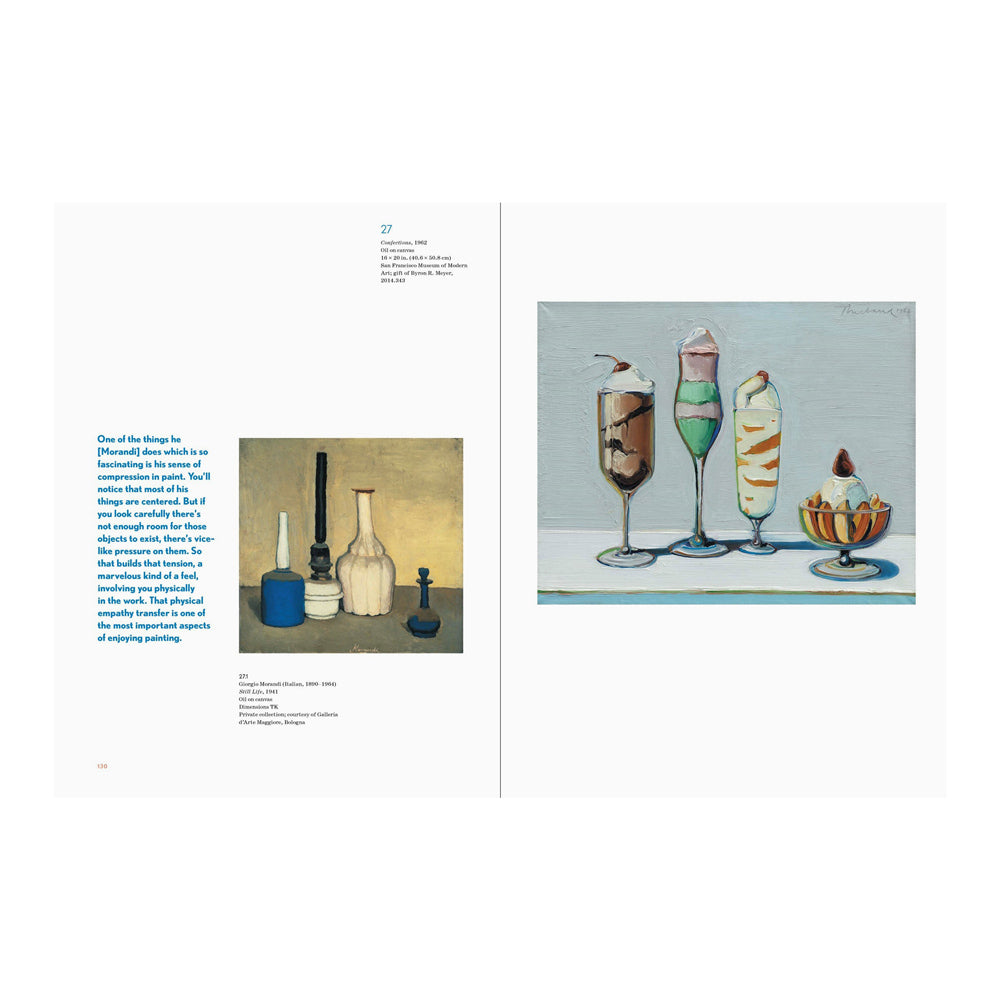 Interior pages featuring text and two  still life paintings of bottles and desserts.