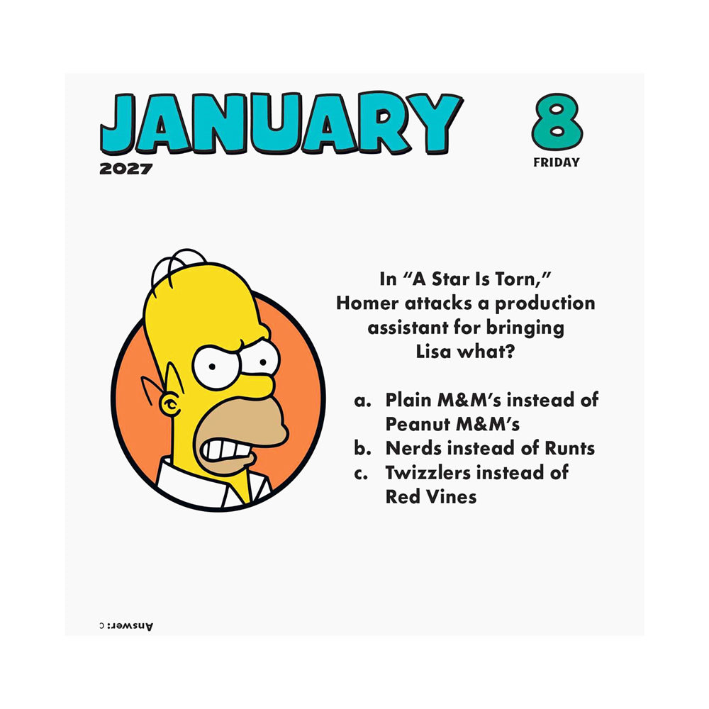 Calendar page featuring a cartoon illustration of Homer Simpson and a trivia question.