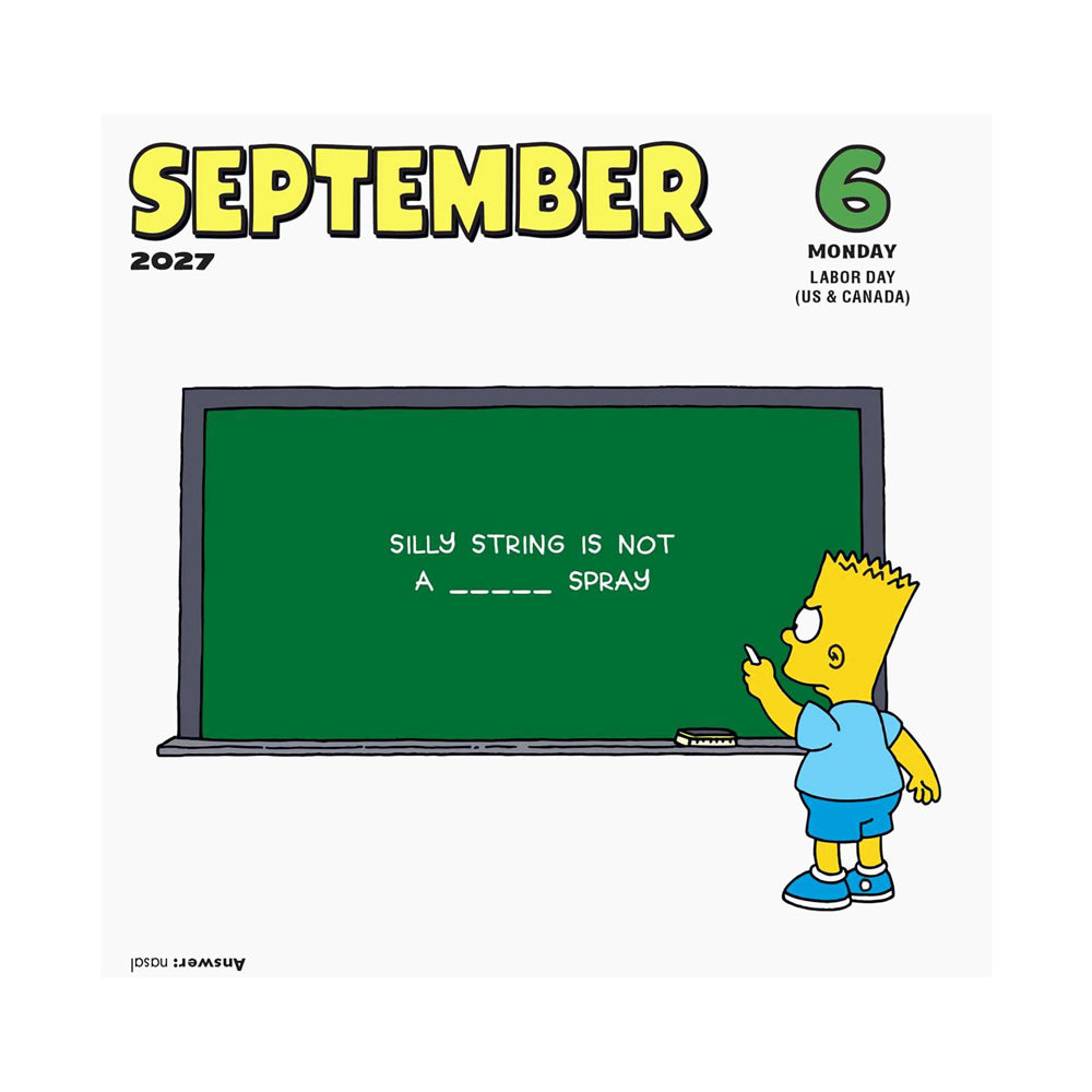 Calendar page featuring a cartoon illustration of Bart Simpson and a trivia question.