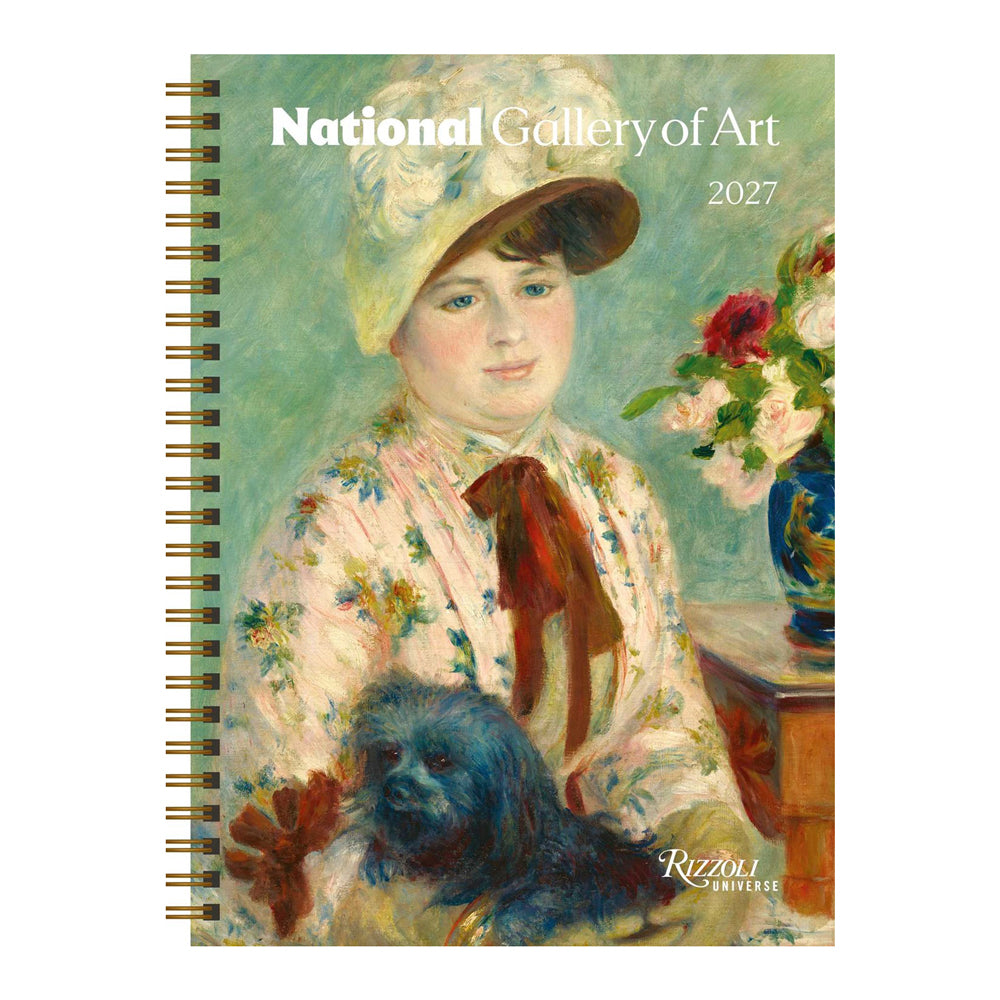 Front cover of the National Gallery of Art Planner featuring a painting of a woman holding a dog. 