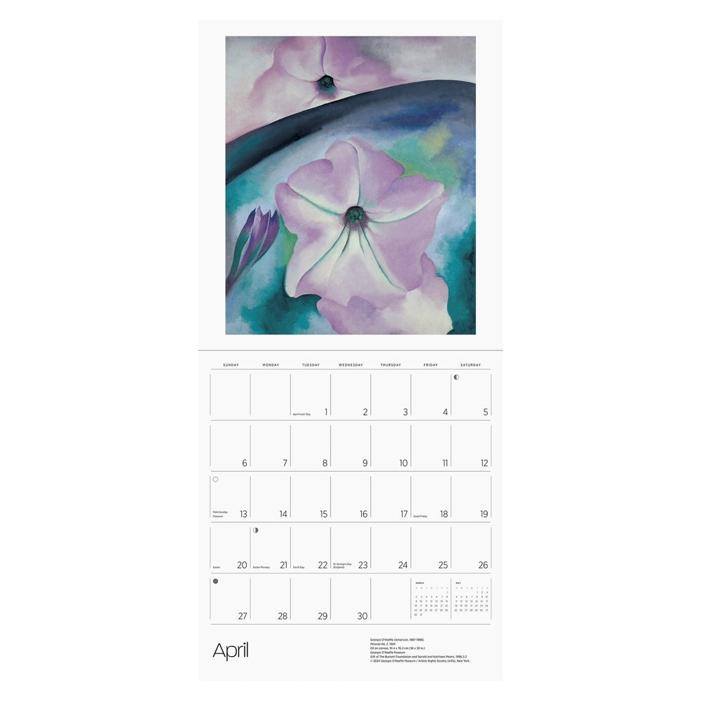 Interior of wall calendar with artwork and April month grid.