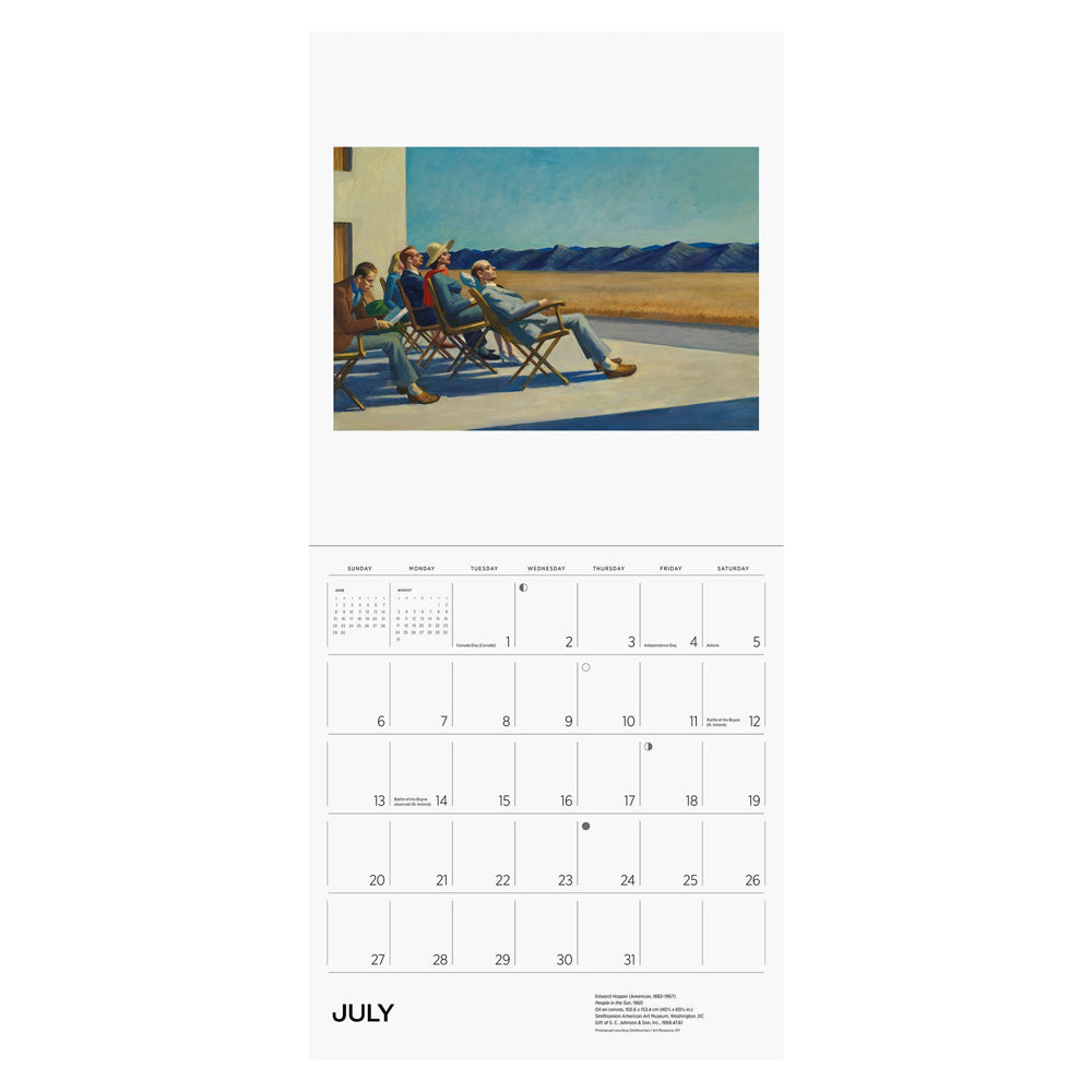 Interior of wall calendar with artwork and July month grid.