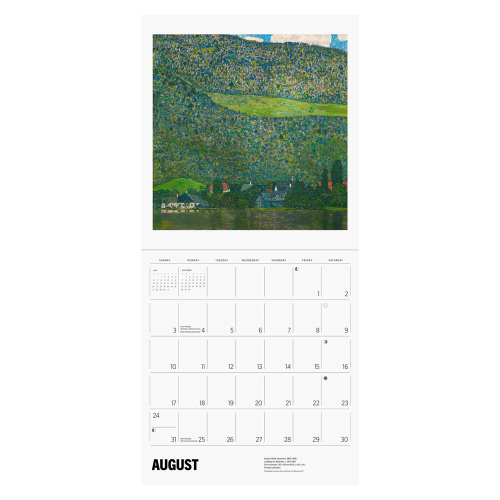 Interior of wall calendar with artwork and August month grid.