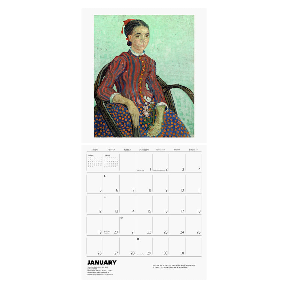 Interior of wall calendar with artwork and January month grid.