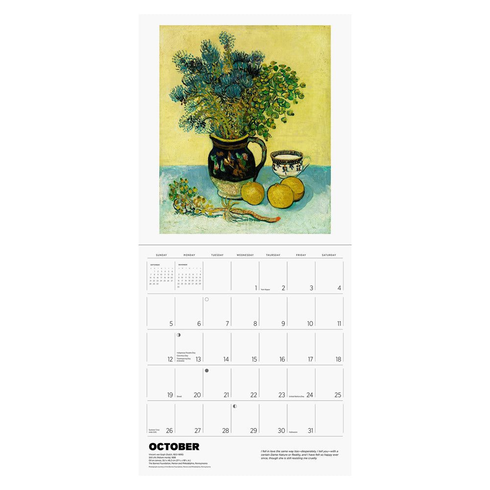 Interior of wall calendar with artwork and October month grid.