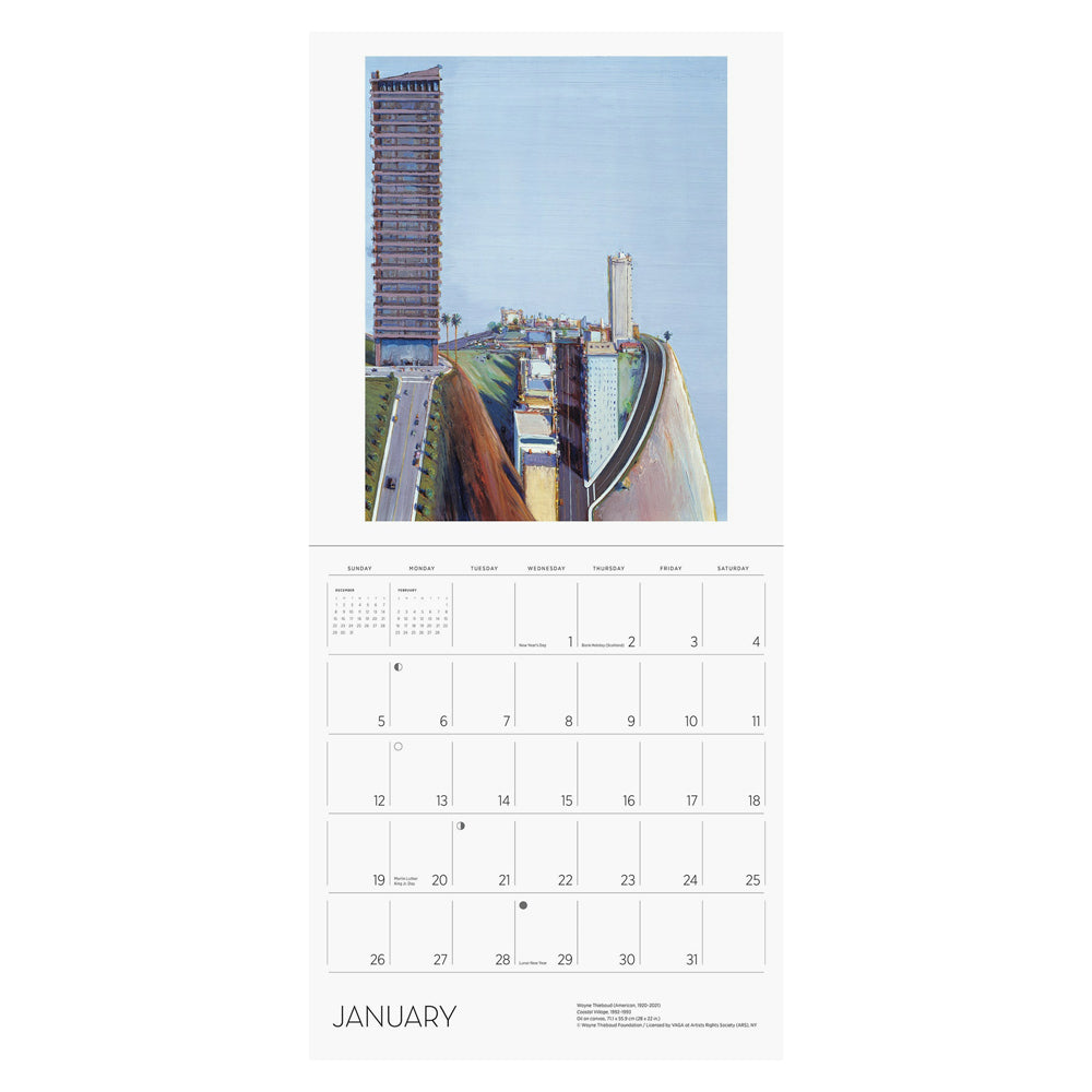 Interior of wall calendar with artwork and January month grid.