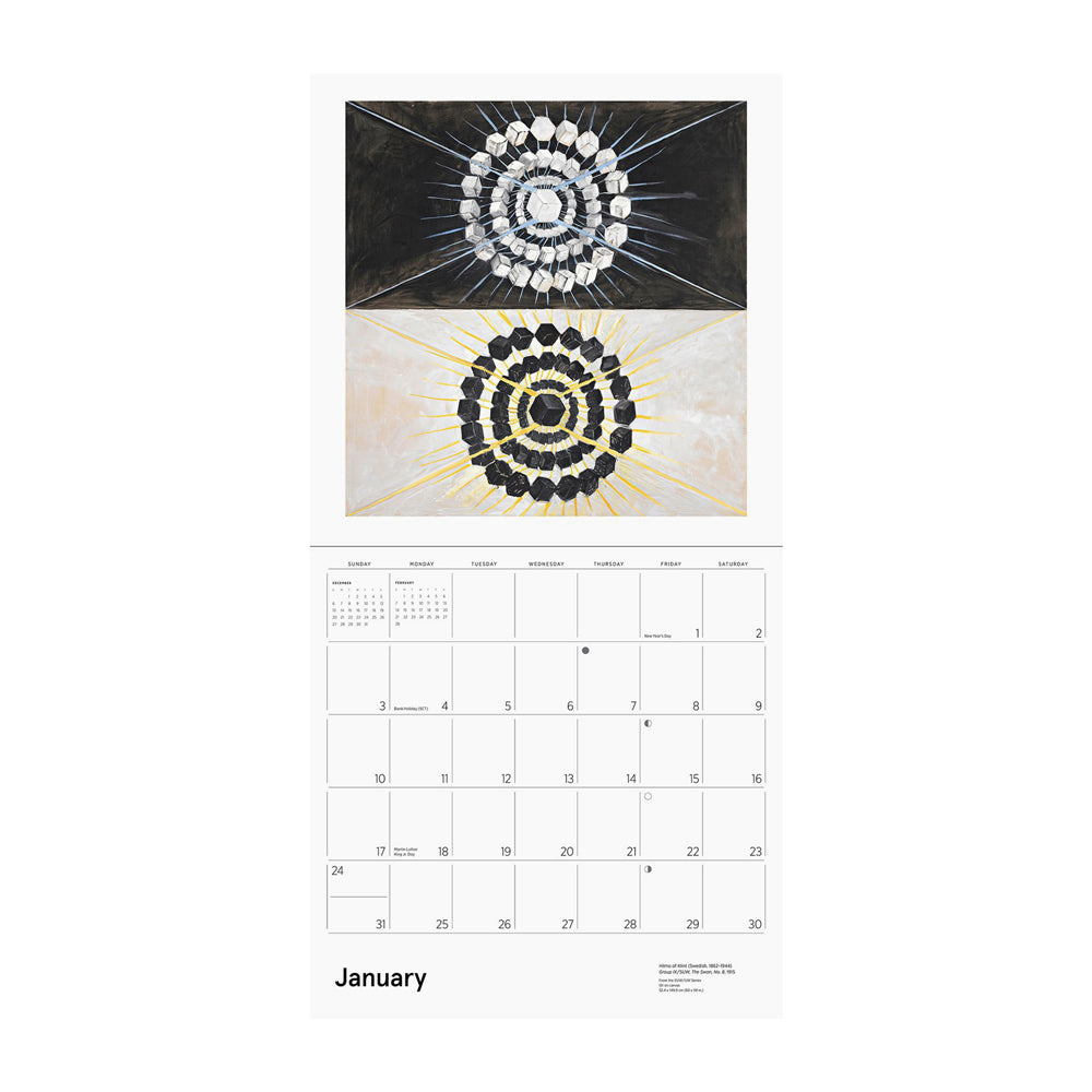 Calendar page for January with abstract circular designs.