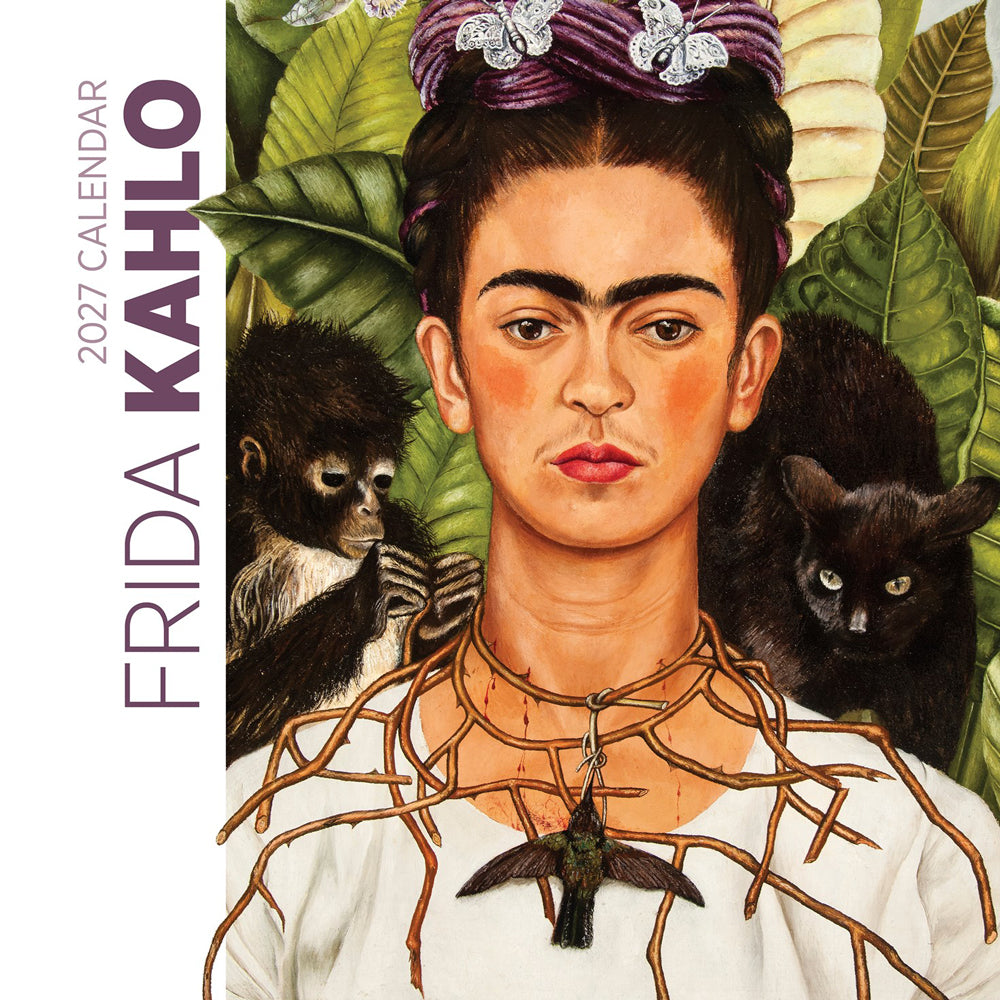 Frida Kahlo 2027 calendar cover with self-portrait, monkey, and black cat surrounded by green leaves.