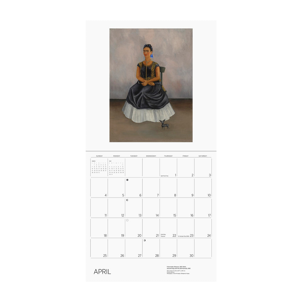 Calendar page for April with a portrait of Frida in a black and white dress, sitting on a chair with a small dog. 