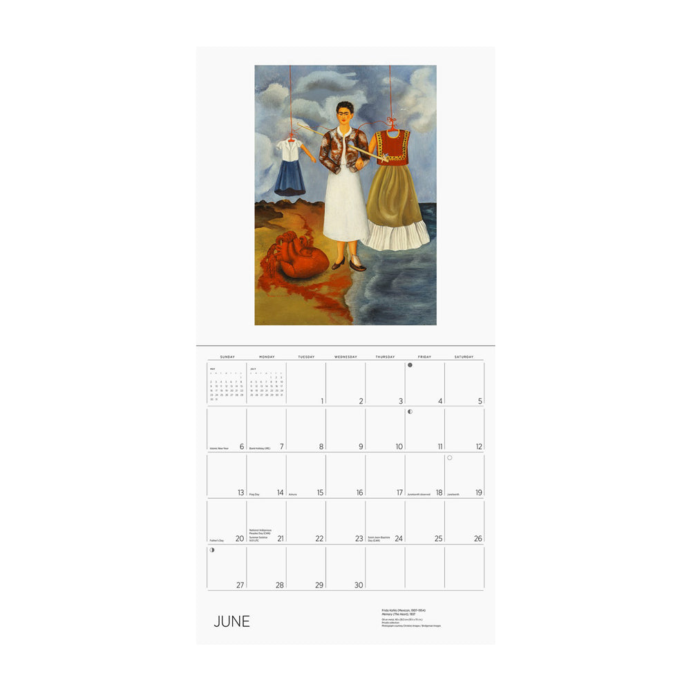 Calendar page for June with a painting of Frida and clothing standing by a body of water.
