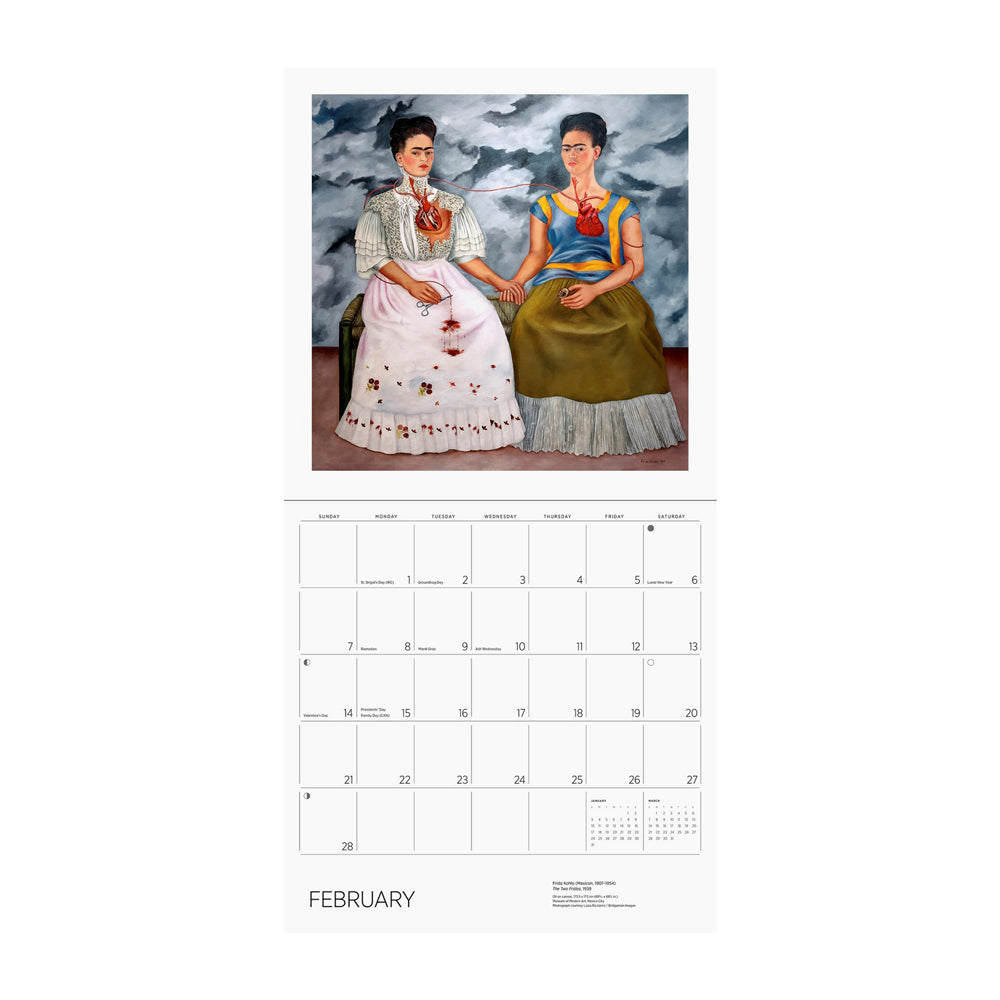 Frida Kahlo 2027 calendar cover with self-portrait, monkey, and black cat surrounded by green leaves.