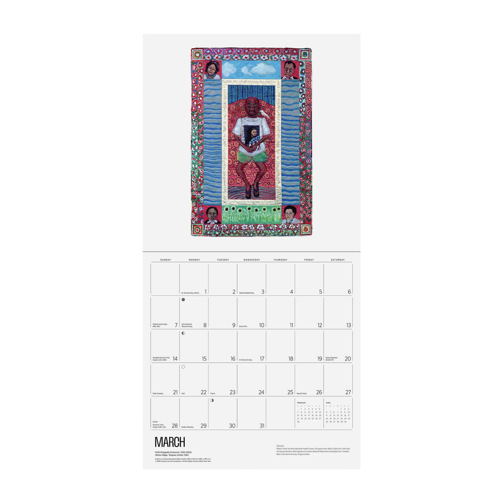 Calendar page for March featuring quilted artwork of a man surrounded by four portraits and colorful floral designs.