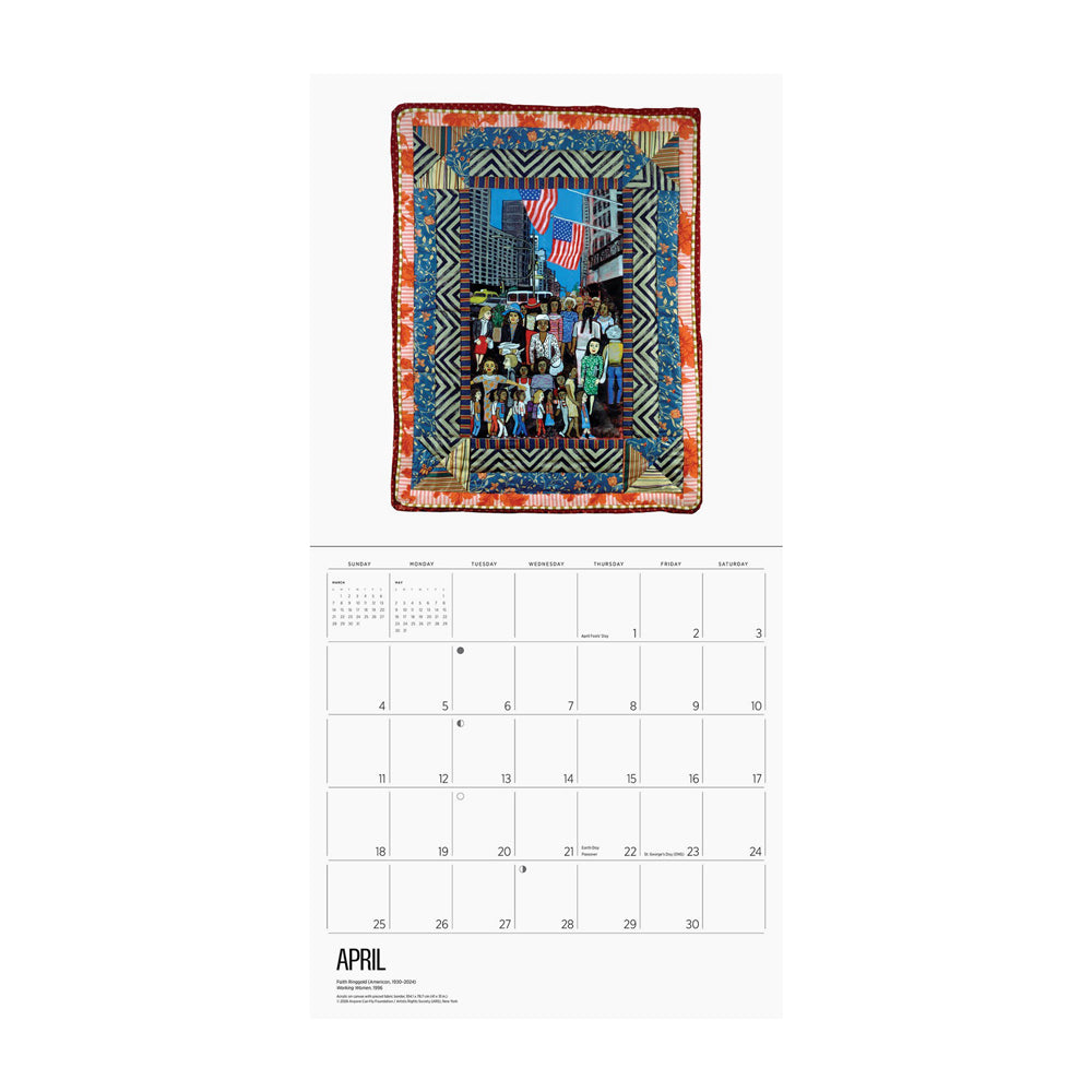 Calendar page for April featuring quilted artwork of group of city people  surrounded by colorful patterns.