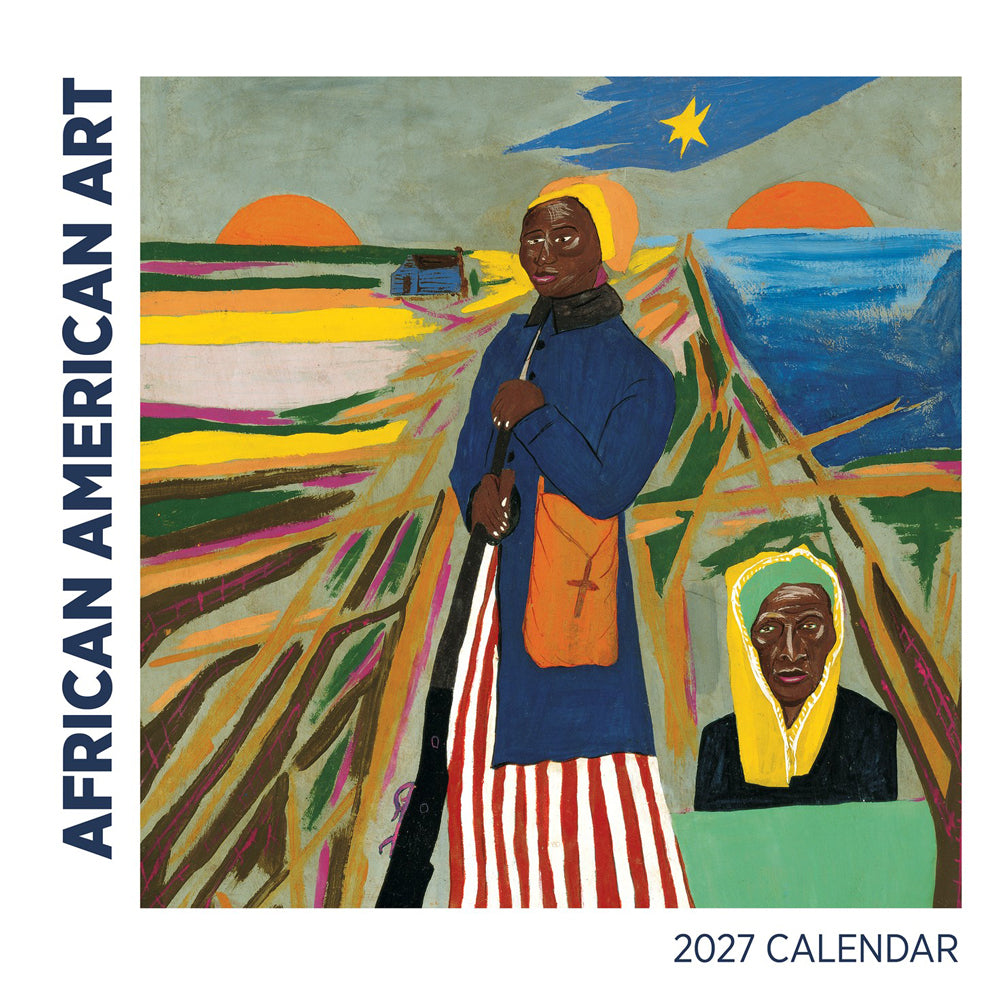 2027 African American Art calendar cover with a painting of two figures in a landscape.