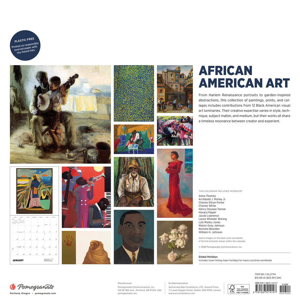 Back cover of calendar featuring African American art with various paintings and a collage of images.