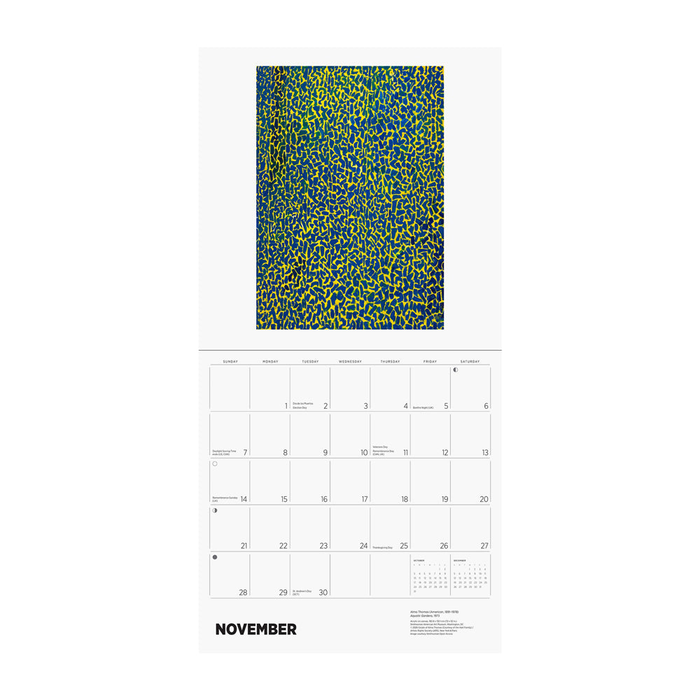 Calendar page for November with a blue and yellow abstract pattern. 