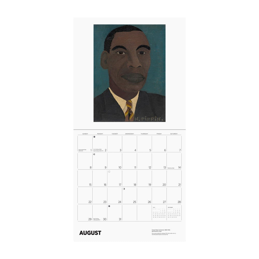 Calendar page for August with a portrait of a man in a suit.