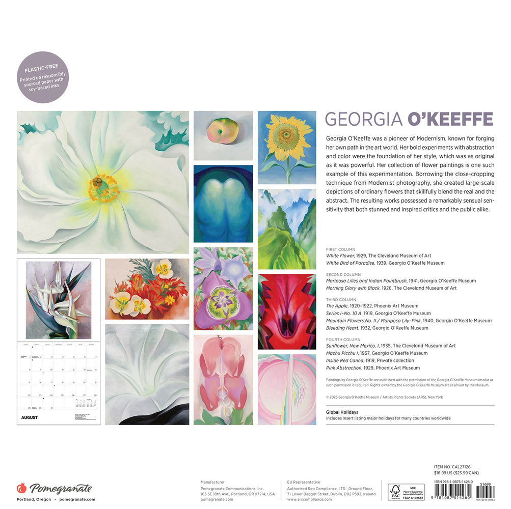 Back cover of Georgia O'Keeffe art calendar featuring artwork and text.