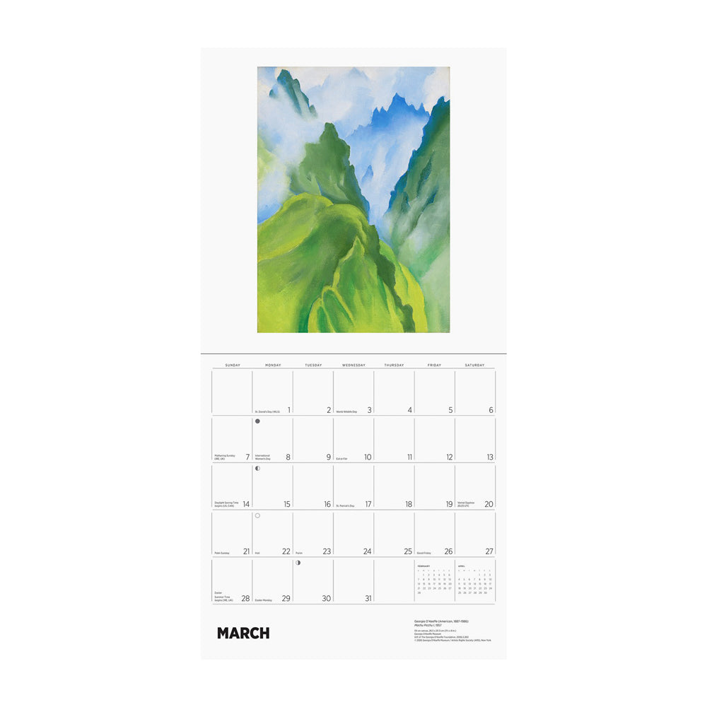 Calendar page for March with a mountain landscape illustration.