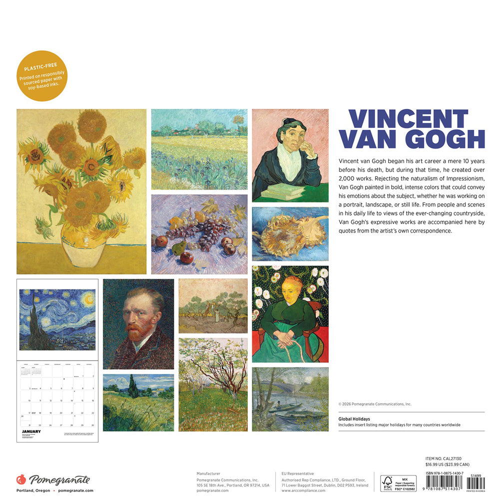 Back cover of Vincent van Gogh 2027 calendar featuring artworks and text. 