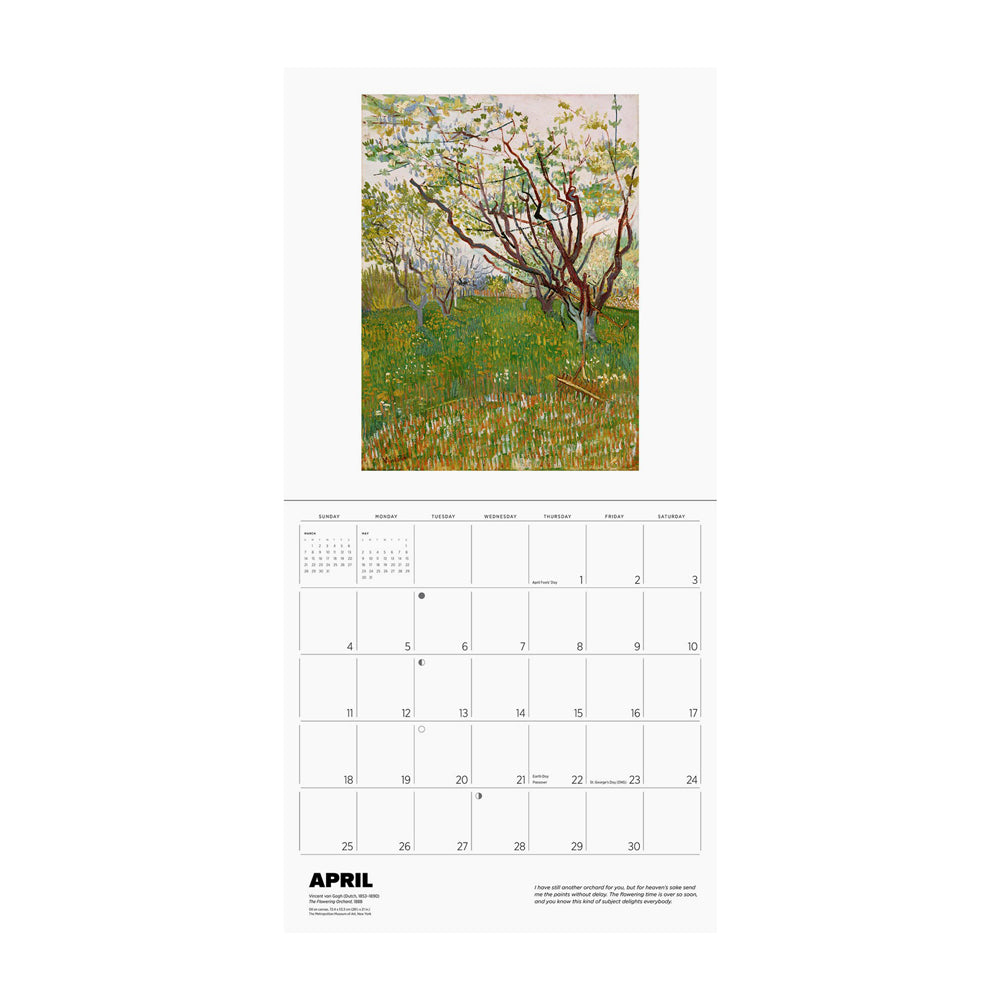 Calendar page for April with a painting of a garden scene.