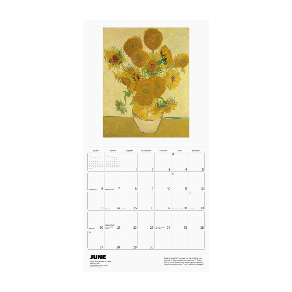 Calendar page for June with a still life  painting of sunflowers.