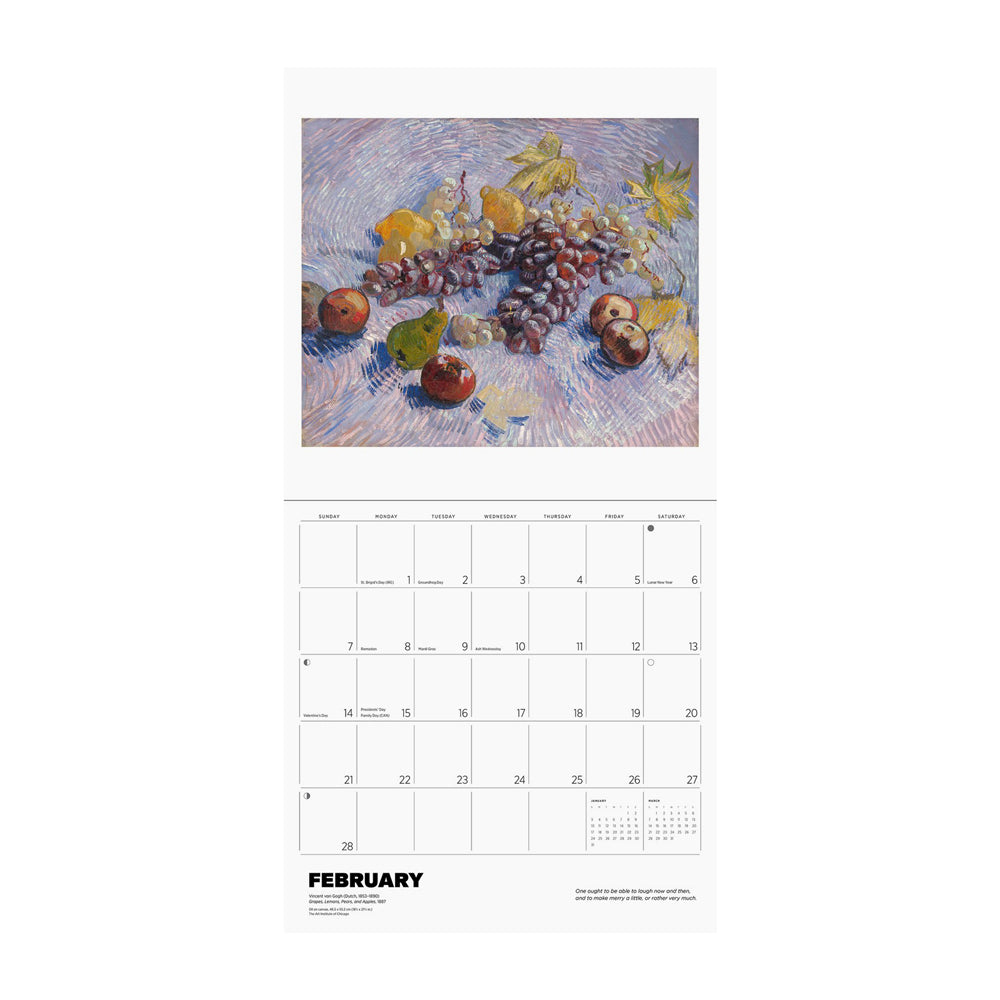 Calendar page for February with a still life painting of fruits.