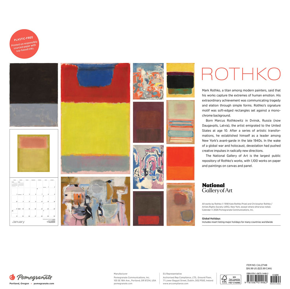 Back cover of Mark Rothko 2027 calendar featuring artworks and text. 